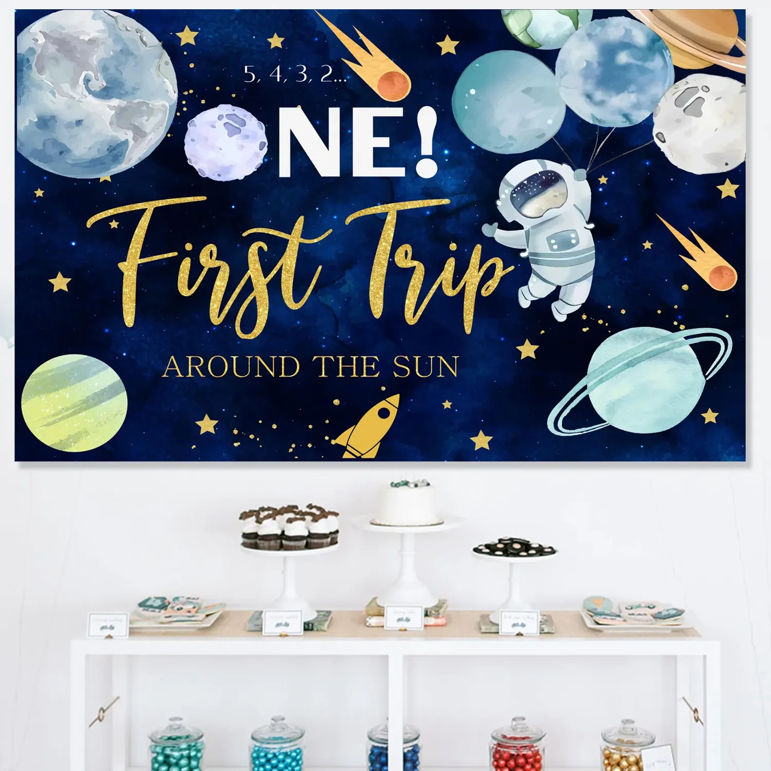 Outer Space 1st Birthday Party Decorations,First Trip Around The Sun Backdrop for Boys Girls Birthday Party