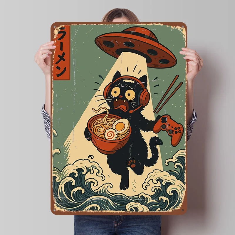 Ramen Gamer Cat Abducted By UFO Tinplate Poster Custom Wall Art Vintage Metal Signs Retro Tin Plaque for Mancave Decoration Room