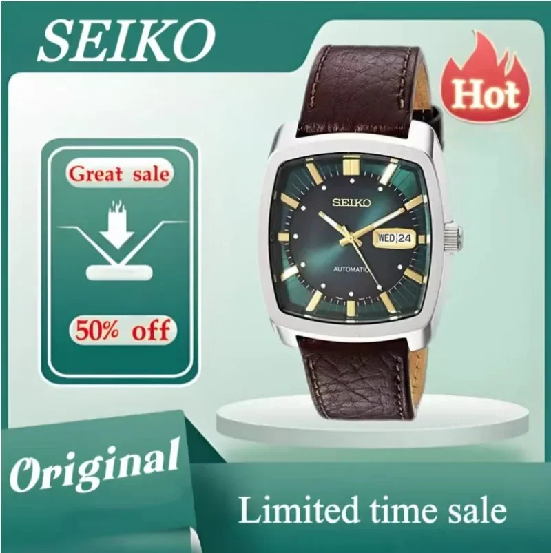 男性用自動機械式時計,SEIKO-Snkp27シリーズ,正方形のトノー,多機能,高級レザーストラップ,自動巻き,オリジナル