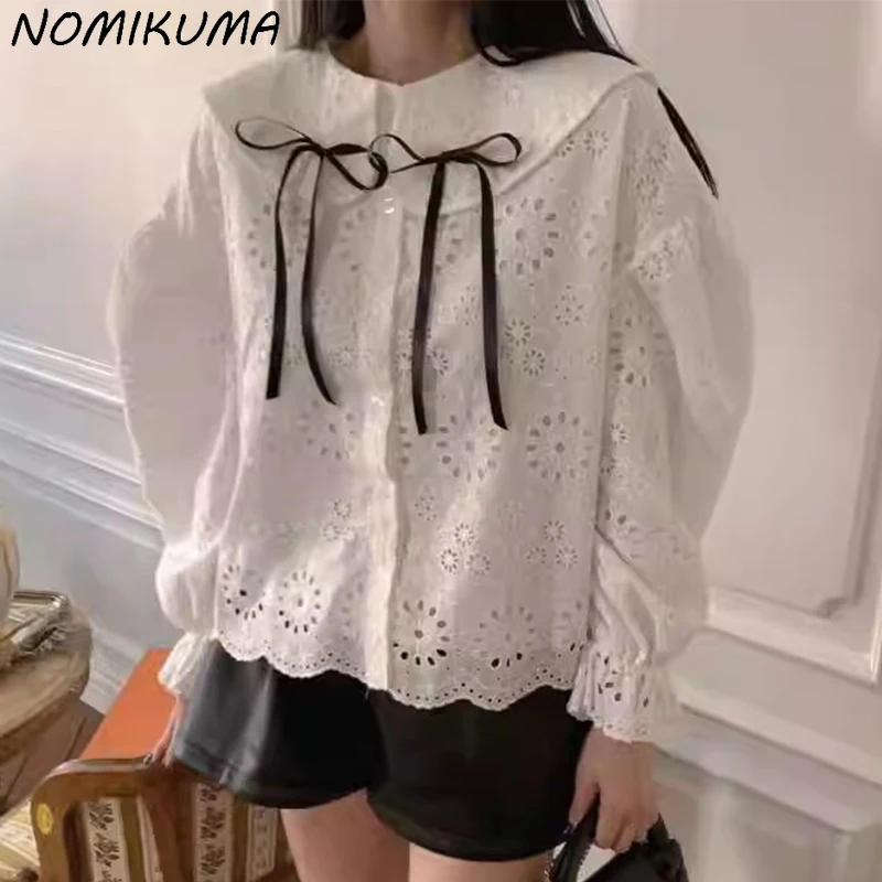 Nomikuma Korean Chic Spring Sweet Bow Tie Peter Pan Collar Single Breasted Hollow Jacquard Versatile Lantern Sleeve Shirt Women