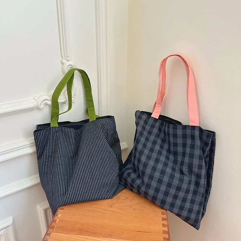 Simple Style Plaid Stripes Handbag Eco Reusable Capacity Foldable Shopping Cloth Bag Women Outdoor Travel Tote Chinese Style Gir