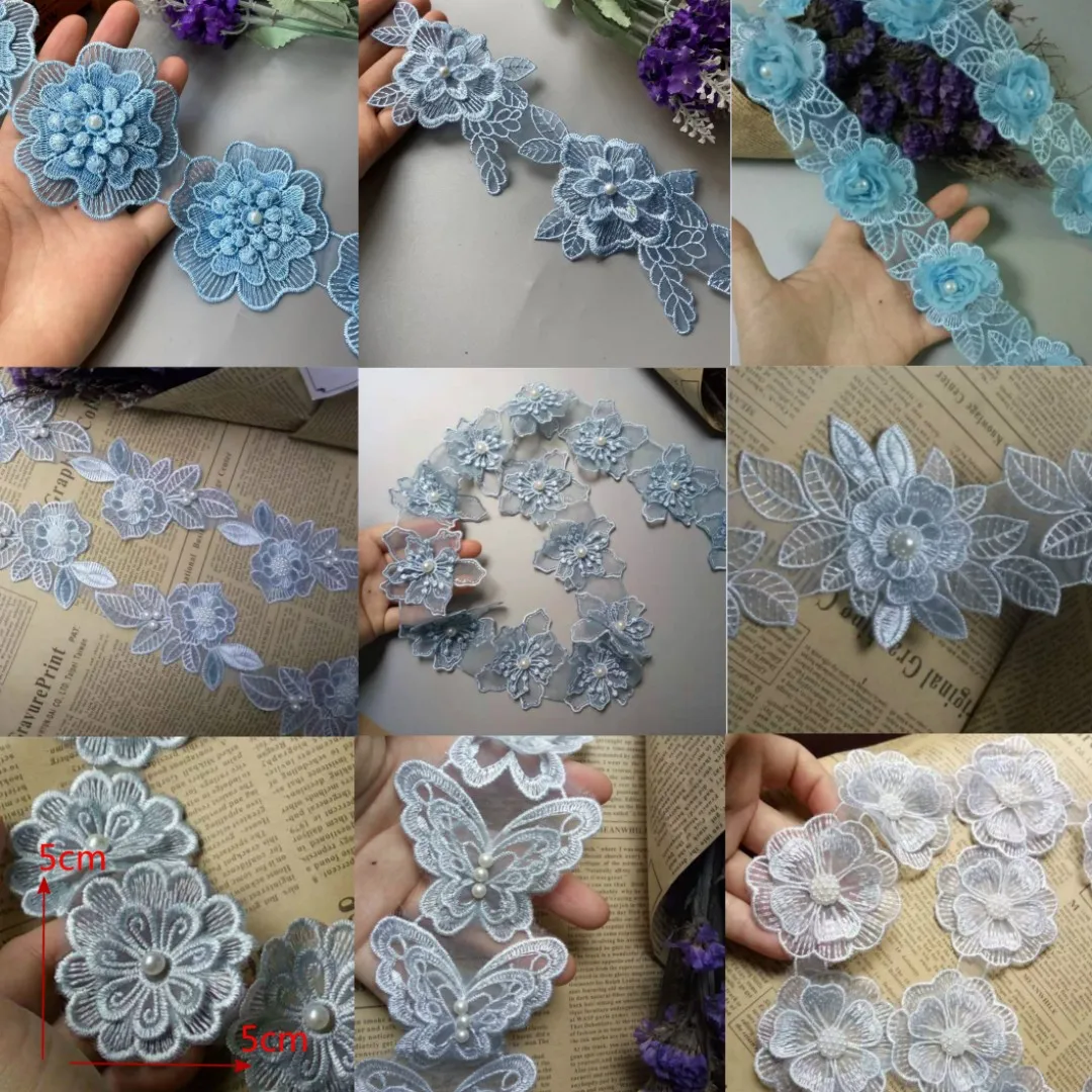 10Pcs/Lot Blue Petal Flower Organza Haftowana tkanina Koronkowa naszywka Wykończenie ubrań 3D Frezowanie Kwiat Suknia ślubna Diy Aplikacja