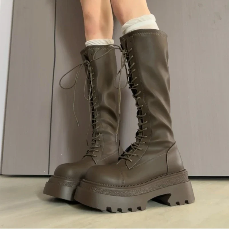 Flats Platform High Boots Women's Designer Shoes for Woman Winter Knee High Boots Lace Up Trend Goth Fashion Boots Femme