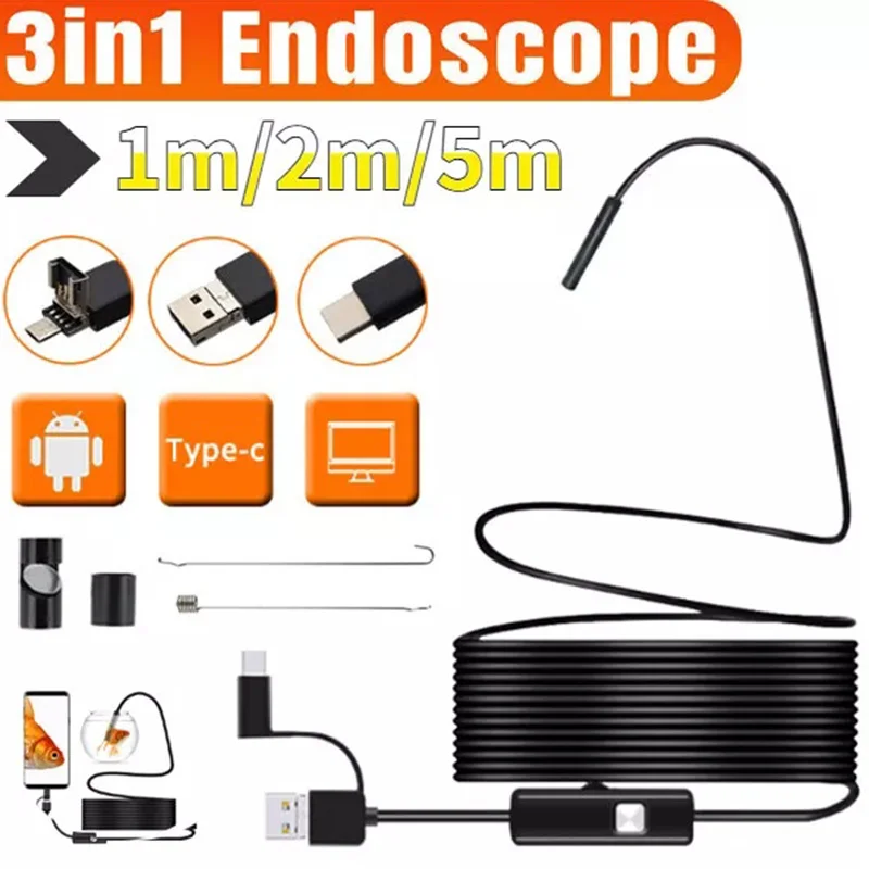 

5.5MM Android Endoscope Camera 3 IN1 Micro USB Type C Borescope Mini Camera Waterproof LED Car Inspection For Android PC