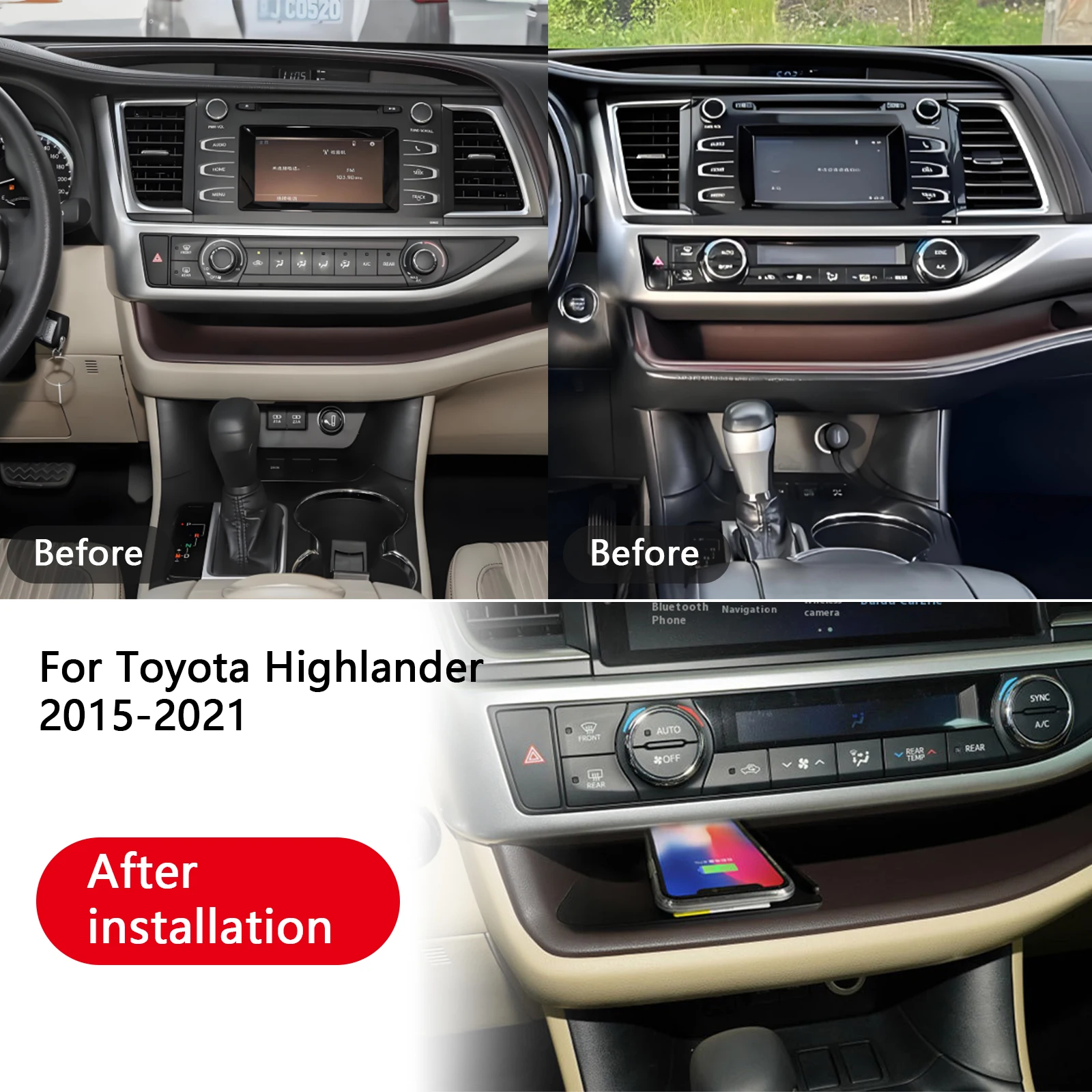 2 din o mais recente para toyota highlander 2015-2021 console central do carro carregador de telefone rápido sem fio placa suporte de carregamento