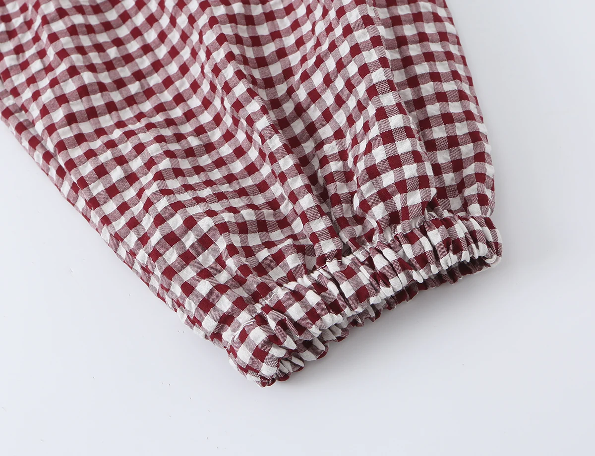 BSAY New Ladies Cropped Gingham Plaid Outerwear Stand Collar Long Puff Sleeve Button Up Drawstring Hem Casual Loose Check Jacket