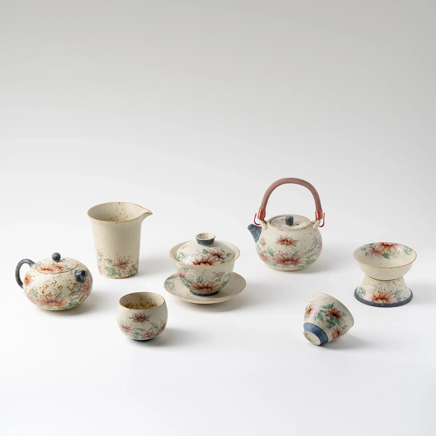 Chinese Colorful Blue White Volcanic Stone Red Xishi Teapot Ceramic Household Kung Fu Tea Set Retro Household Teapot Gift Set