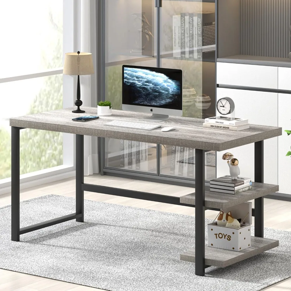 

Computer Desk, Modern Home Office Desk with Shelves, Wood Writing Study Gaming Table for Living Room Bedroom, Light Grey, 53 in