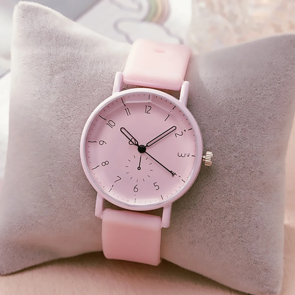 Fashion Women's Pink Minimalist Watch Silicone Strap Quartz Wristwatch Elegant Ladies Watches