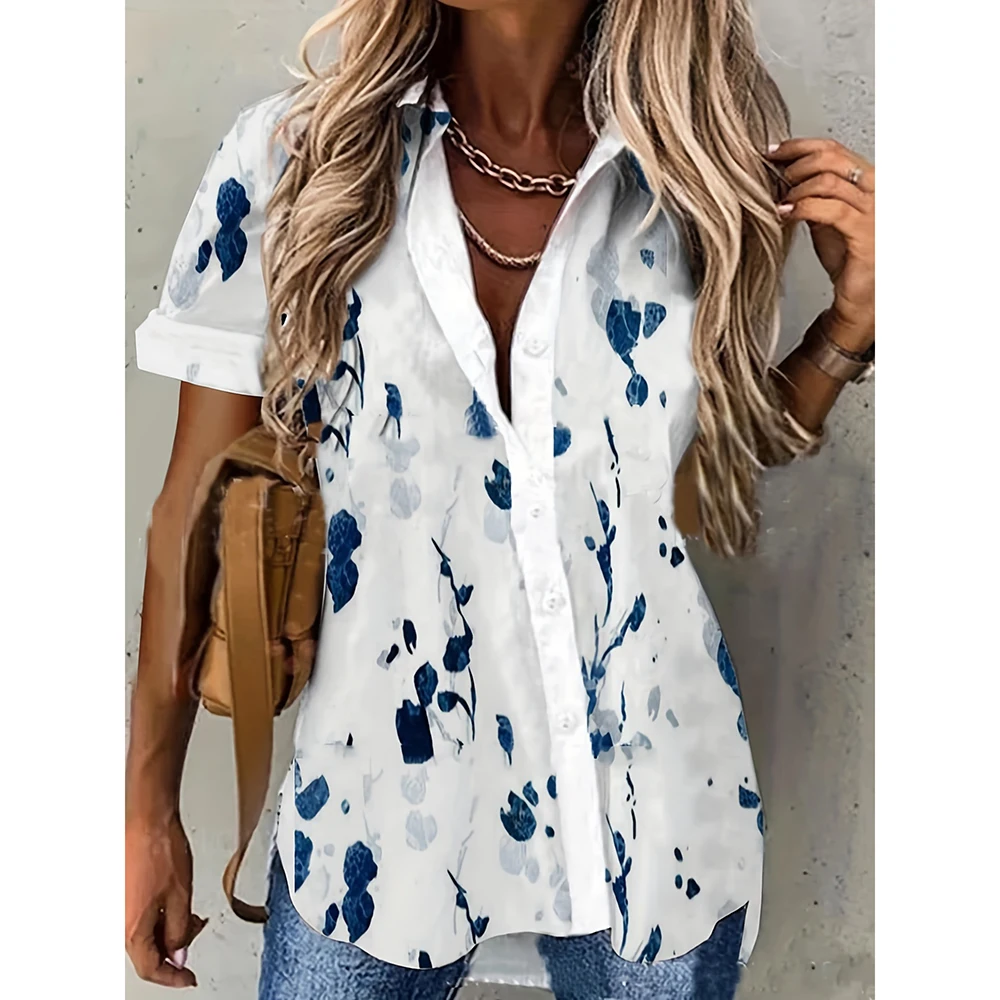 Summer Shirt Fashion Floral Print Long Sleeve Shirt For Women Elegant Evening Dress For Women Large Size Lapel Button Down Shirt