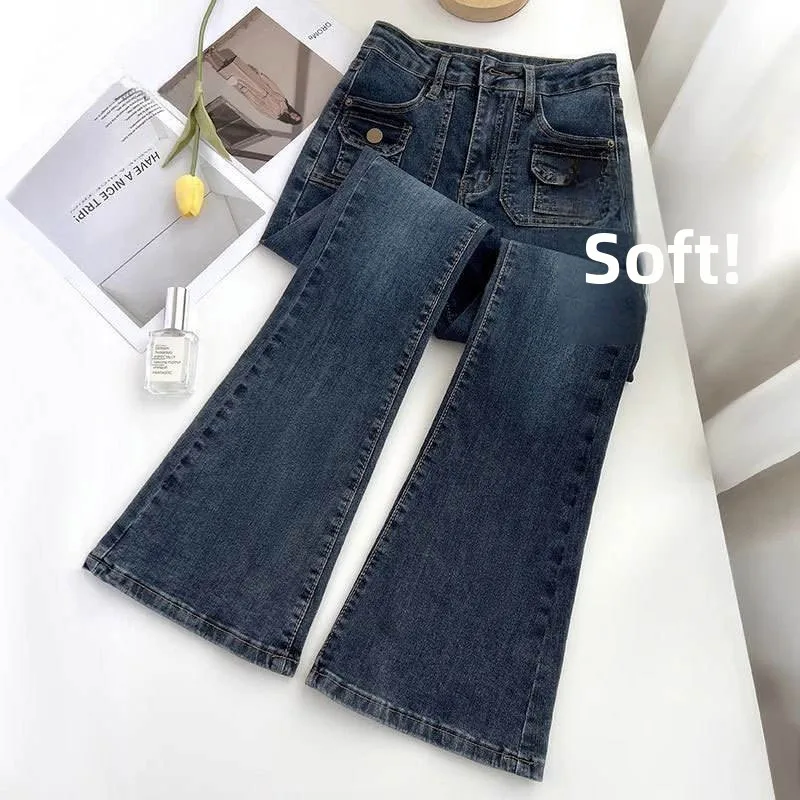 

High Waist Bell Bot Denim Jeans Women's Blue ey American Sle Stretch Double ket Design Long Pants Autumn Faion