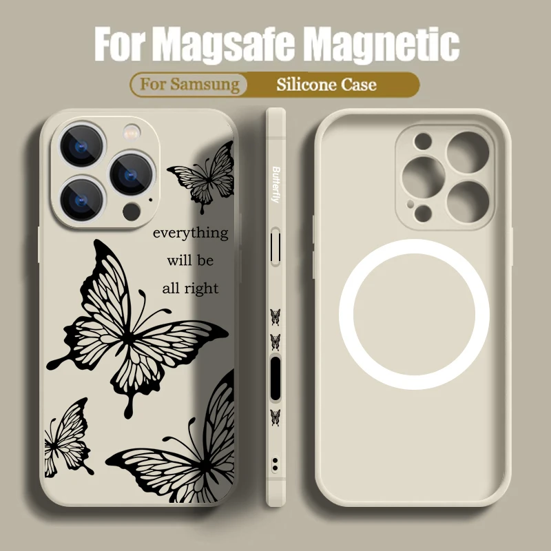 Butterfly Print Soft Phone Case For iPhone 16 15 14 Pro Max 12 13 14 Pro 11 Magnetic For Magsafe Wireless Charge Silicone Cover