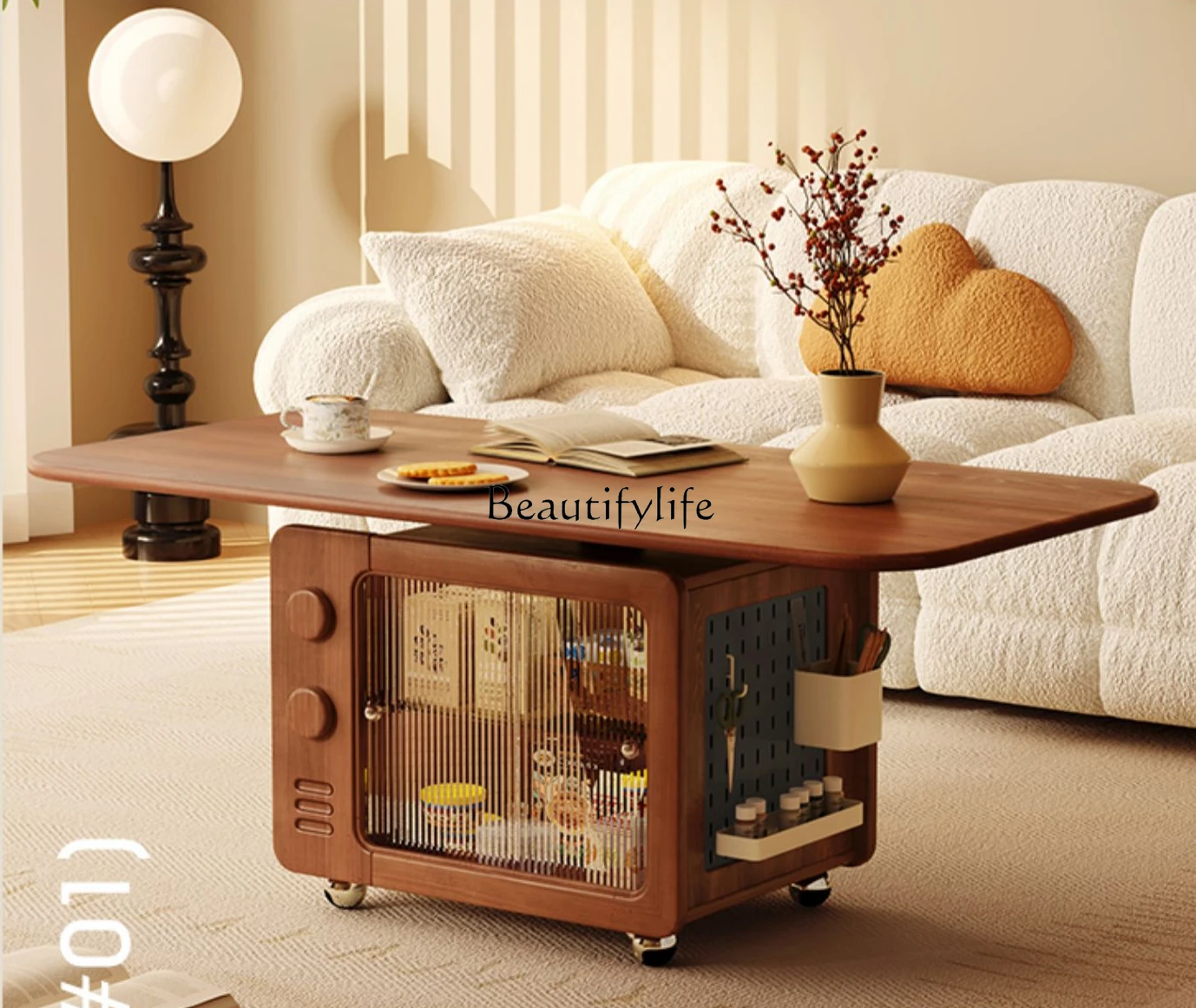 

Home Small Apartment Lifting Coffee Table French Retro Balcony Solid Wood Mobile Tea Table