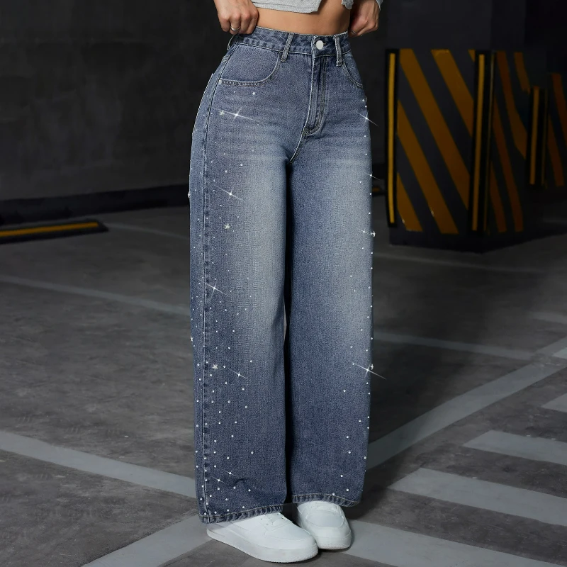 

Женские джинсовые брюки с бриллиантами, широкие брюки, повседневная уличная одежда, свободные потертые брюки длиной до пола, с карманами, женские однотонные осенние брюки