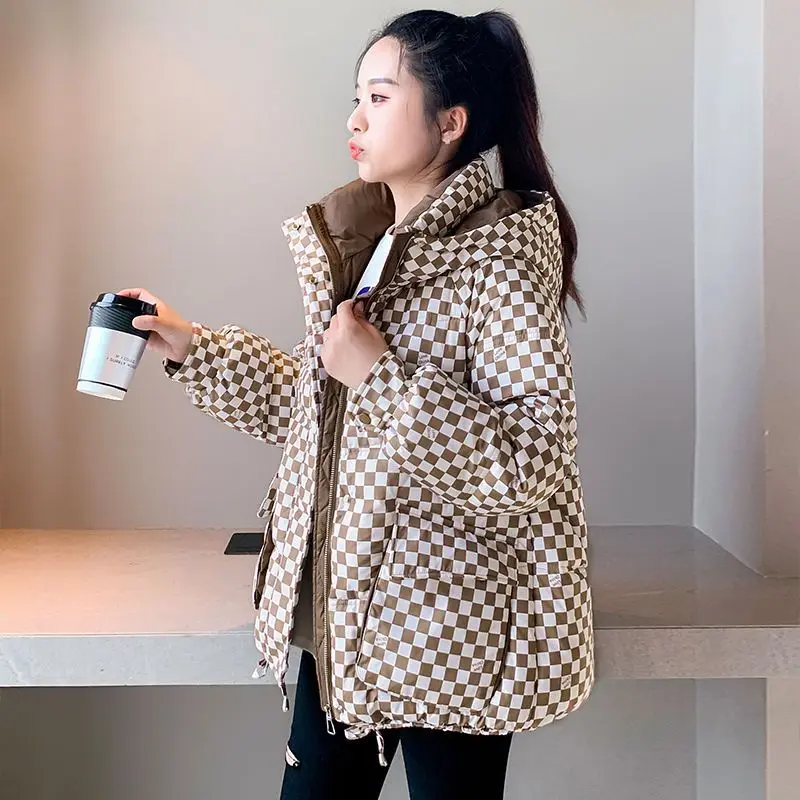 2022 New Winter Plaid Jacket Parkas Women Glossy Down Cotton Jackets Hooded Parka Warm Female Cotton Padded Casual Outwear Tops