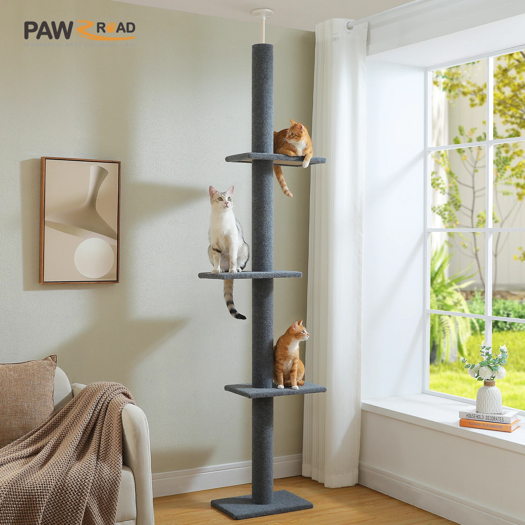 Arbre à chat haut à hauteur réglable, pour intérieur du sol au plafond, tour à chat avec postes à gratter, arbre d'escalade, jouets pour chat