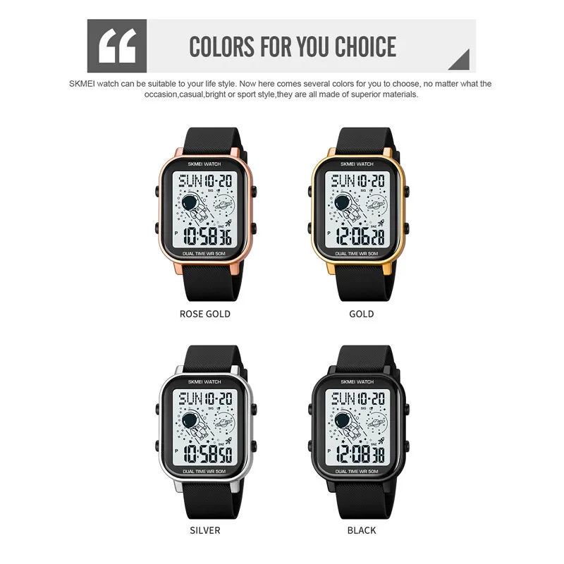 SKMEI นาฬิกาดิจิตอลแฟชั่น LED กันน้ำจับเวลา2เวลา, นาฬิกาอิเล็กทรอนิกส์นาฬิกากีฬาลำลองสำหรับผู้ชาย