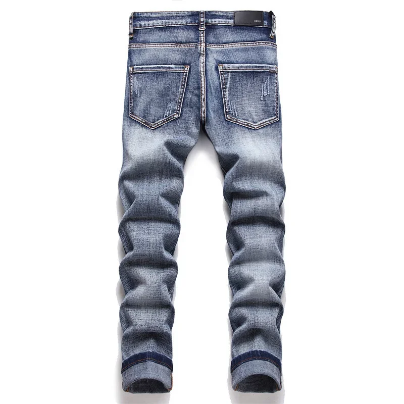 Slim Fit, Elastic, Handmade Full Scan Cotton Stretch Perforated Print, Fashionable Men's Street Denim