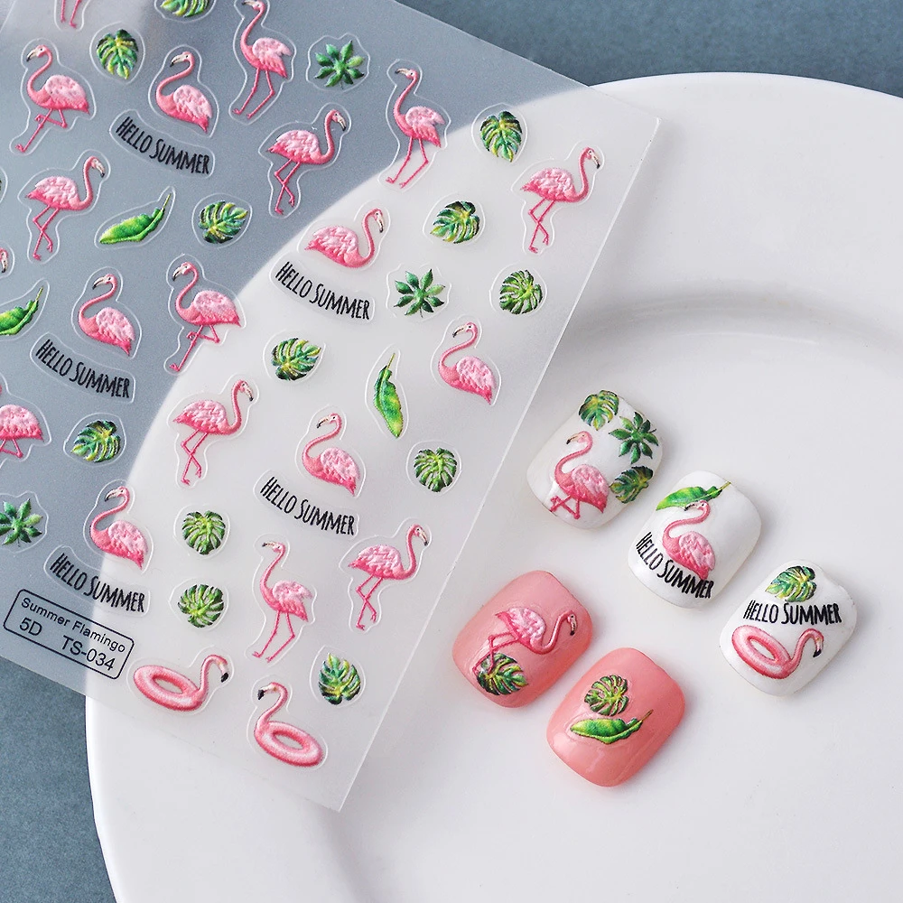 

Vivid Red Flamingo Turtleback Bamboo Green Leaf 5D Nail Art Sticker Decoration Beach 3D Self Adhesive Makeup Woman Phone Decal