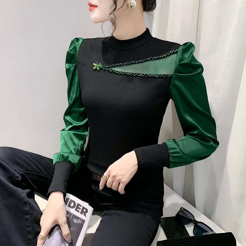 Camicia elegante con perline sottili Abbigliamento da donna Pendolarismo Impiombato Colori contrastanti Autunno Inverno Camicetta a collo mezzo alto Top Nuovo