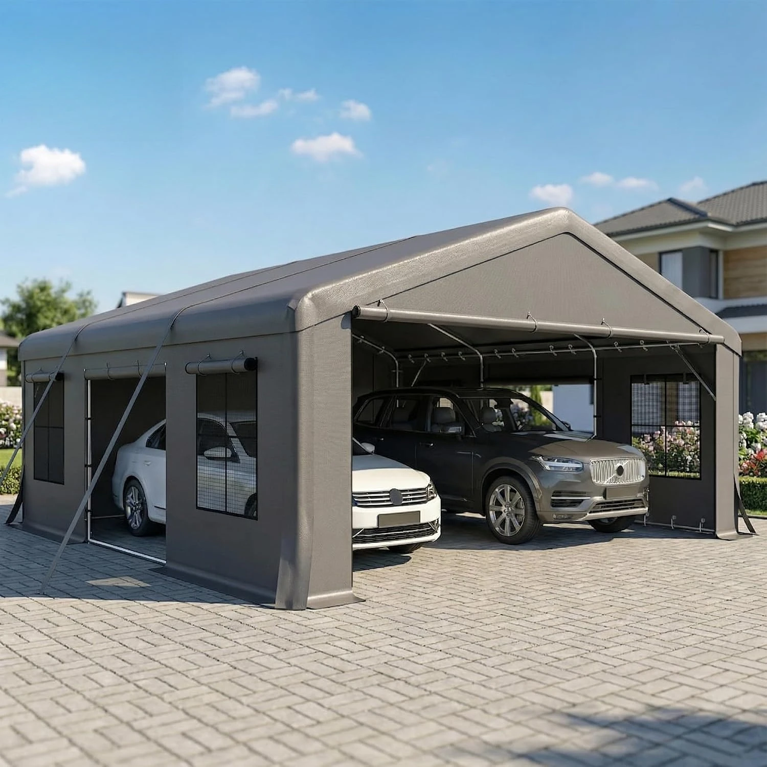 20' x 20' Heavy Duty Carport, Portable Garage Car Canopy Tent with Reinforced Galvanized Frame, 3 Roll-up Doors, 4 Mesh, Custom