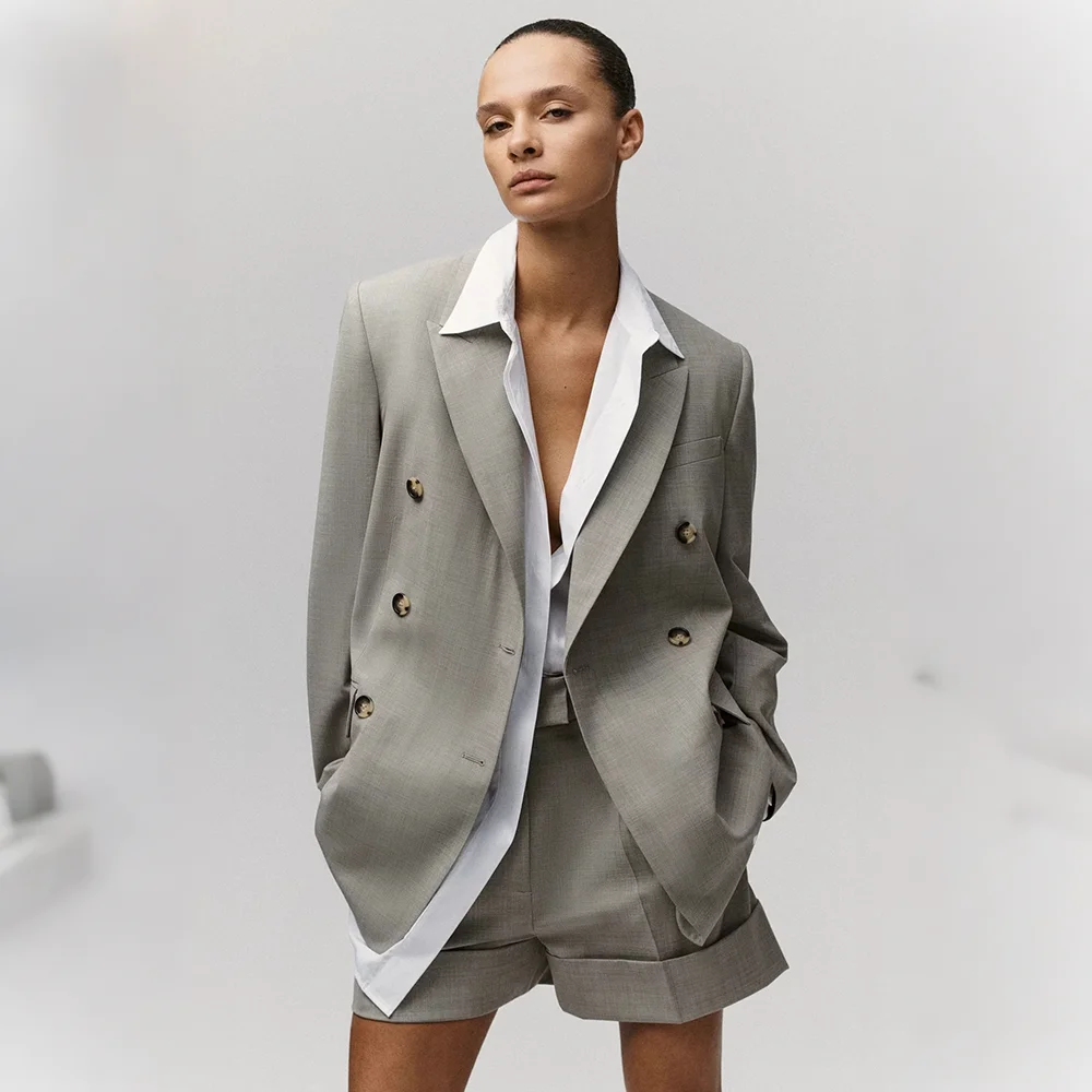 

Casual Chic Women's Gray Oversized Suit Everyday Streetwear Two-Piece Outfit Jacket+Shorts Set Double Breasted Office Lady Wear
