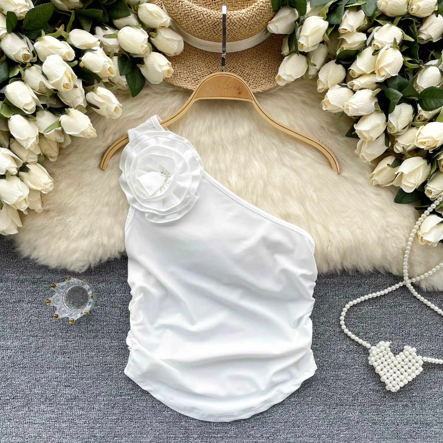 Women Chic Three-dimensional Flower Camis Slim Basic Sexy tank Top Summer Women sweet vintage basics crop top