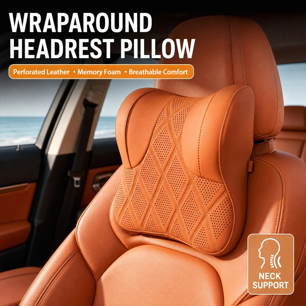 Autokopfstütze, atmungsaktives, perforiertes PU-Leder-Nackenkissen, ergonomisches, umschließendes Design zum Schutz des Nackens, weiches und bequemes Autositzkissen, geeignet für das tägliche Fahren und Reisen in Limousinen und SUVs. – Detail 1