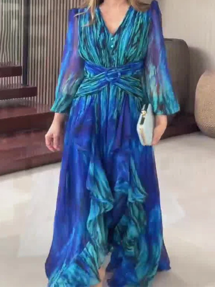 2025 Abito estivo in chiffon con stampa a vita alta con scollo a V a trapezio Abiti stile vintage Abito da sera maxi da ufficio a maniche lunghe per le donne
