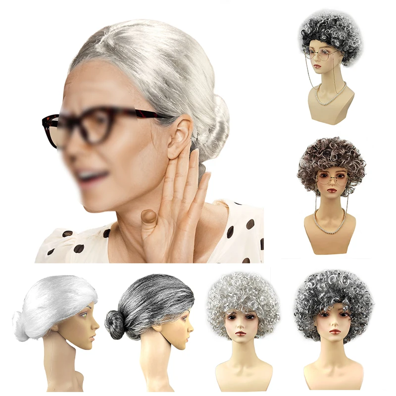 Old Lady Wig Silver Grey Short Natural Wig Cosplays Party Wigs Dance Party Props Headdress Granny Halloween Masquerade Wig NEW
