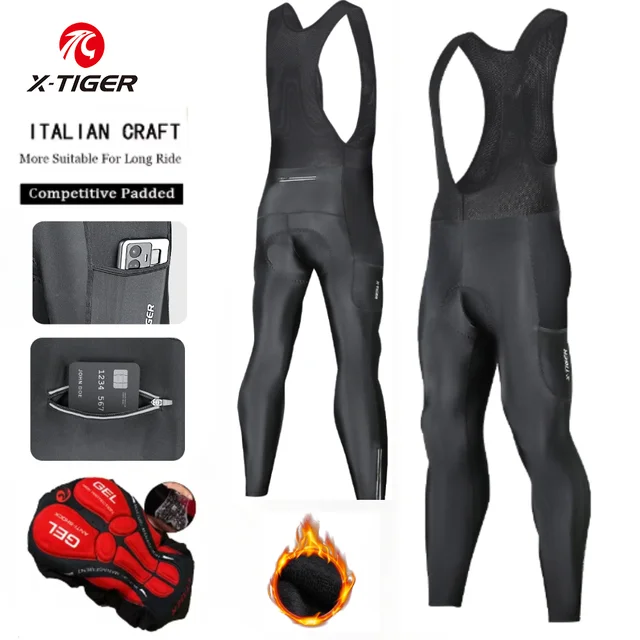 X-TIGER Termiczne zimowe spodnie kolarskie z tylną kieszenią 5D Wyściełane żelem Mężczyźni Polarowe sportowe ciepłe spodnie na szelkach MTB Road Bike Bib Pants