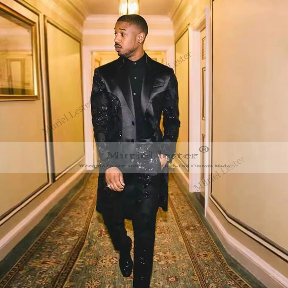 

Sparkly Sequined Suits Men Long Single Breasted Stain Blazer Customized 2-Piece Sets Man Banquet Party Dress Skinny Groom Tuxedo
