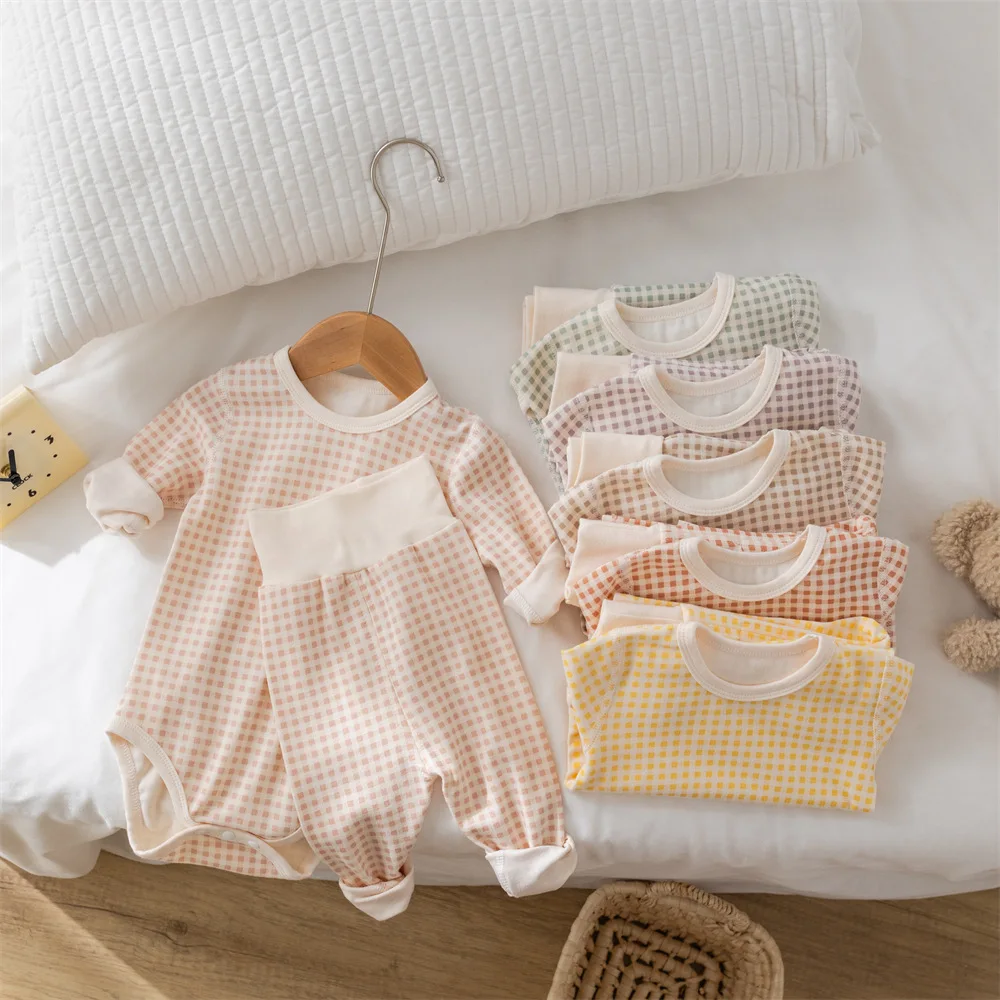 2024 Autumn Baby Pajamas Set 0-2Y Toddler Boys Plaid Bodysuit+Pants Underwear 2Pcs Girls Homewear Suit Toddler Sleep Clothing