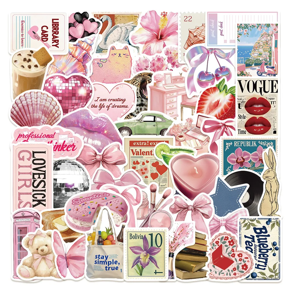 

50PCS Pink Aesthetic INS Graffiti Sticker DIY Decoration Notebook Water Cup Diary Guitar Student Stationery PVC Decals Kids Toys