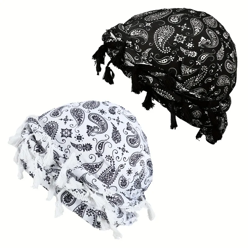 2pcs Men's Multicolor Amoeba Paisley Pattern Turban Cap, High Elastic Double Layer Twisted Tail Hat with Hanging Tassels