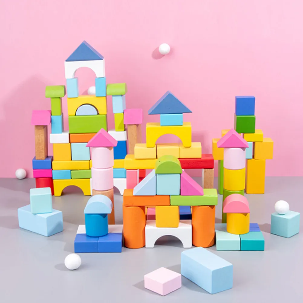 

100Pcs Kids Wooden Geometric Blocks Educational Set Bright Colors Early Learning Spatial Cognition Wood Building Block Kids