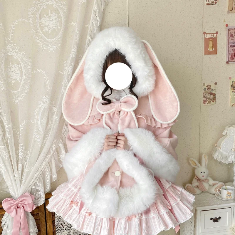 Original Japanese Soft Girls Kawaii Hooded Cloak Autumn Winter New Woman's Cute Bow Plush Thickened Lolita Short Jacket Capes