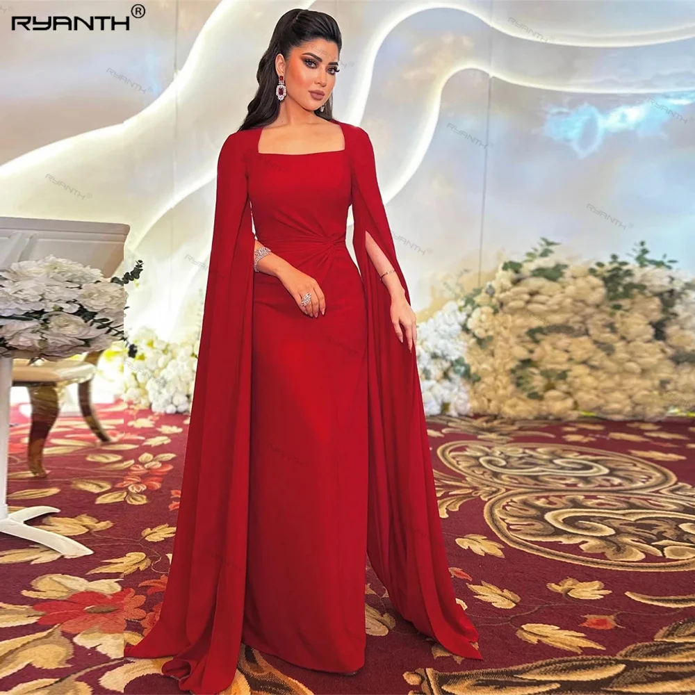 

Ryanth High Quality Square Sheath Celebrity Evening Fold Draped Satin Prom Dresses Gown 2024 فساتين سهره Arabic Evening Dress