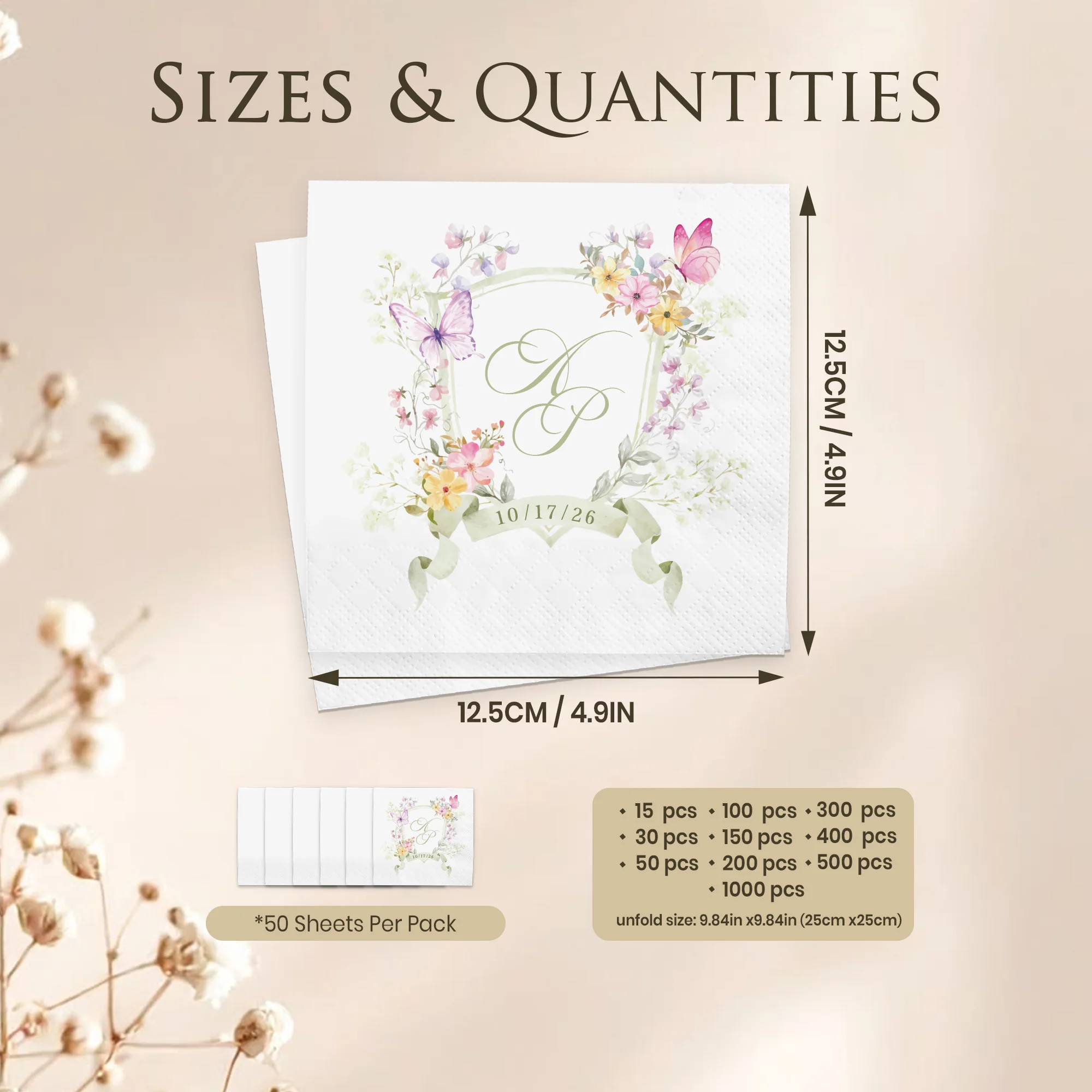Personalisierte Servietten, 3-lagige, individuell gestaltete Cocktail-Servietten, Blumenmuster, Einweg-Papierservietten für Hochzeiten, Jubiläen und Brautpartys. – Detail 2