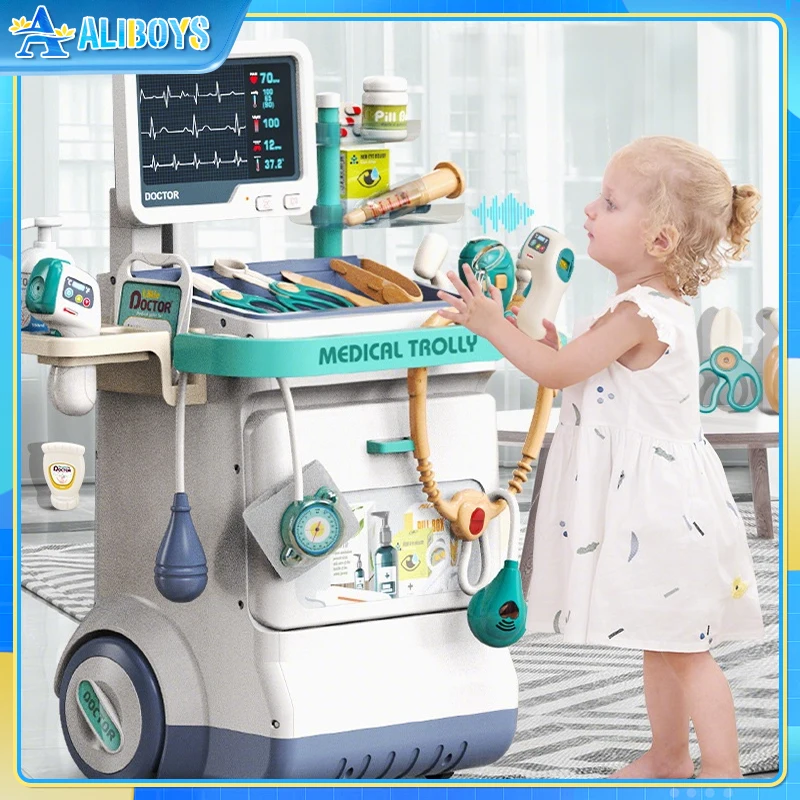 ドクターキットセットモバイル医療ステーションカート注射聴診器付き病院ツールドクターロールプレイおもちゃ子供の誕生日ギフト