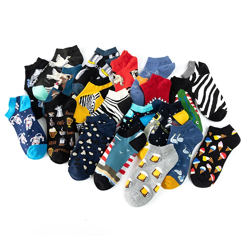 4Pair Unisex Fashion Cotton Men woman Socks Harajuku Art Oil Painting Cartoon Socks Fruit Animal Casual Ankle low cut Socks