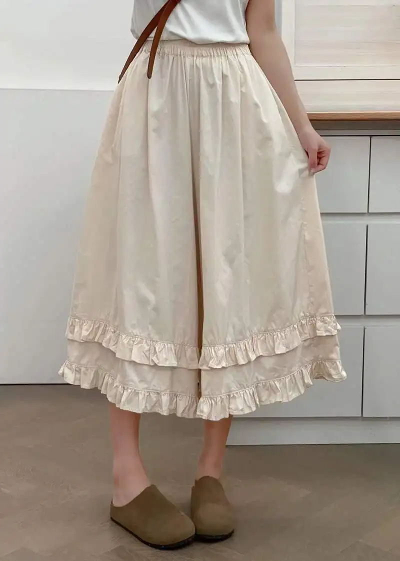 Japanese Sweet Mori Girl Solid Color Ruffled Hem Wide Leg Pants Women Summer New Elastic Waist Casual Loose Calf Length Pants