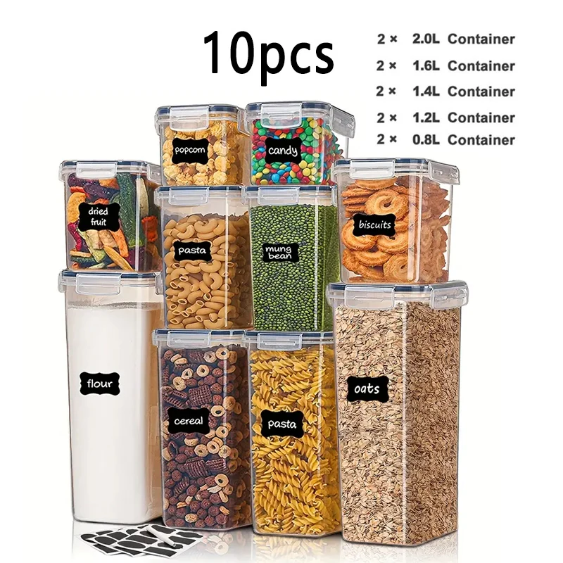 10pcs BPA-Free Airtight Food Storage Containers with Labels for Flour, Sugar, and Cereal - Keep Your Kitchen Organized and Fresh