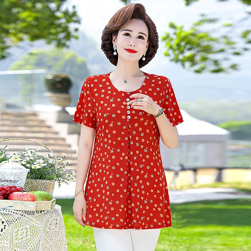 Plus size 7XL Loose Women Summer Shirts Lady Fashion Casual Short sleeve O-Neck Collar Button Mother dot Printing Blusas Tops