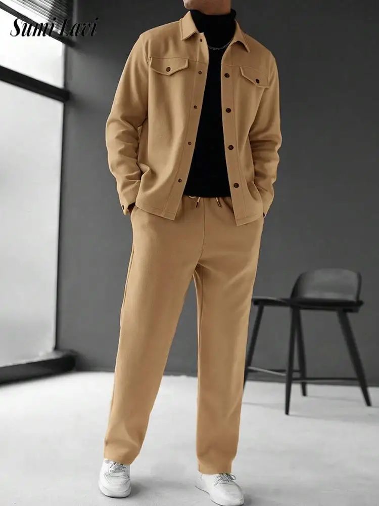 

Весенне-осенняя повседневная мужская одежда, винтажная куртка на пуговицах с лацканами и брюки, костюмы из двух предметов, модные мужские однотонные комплекты