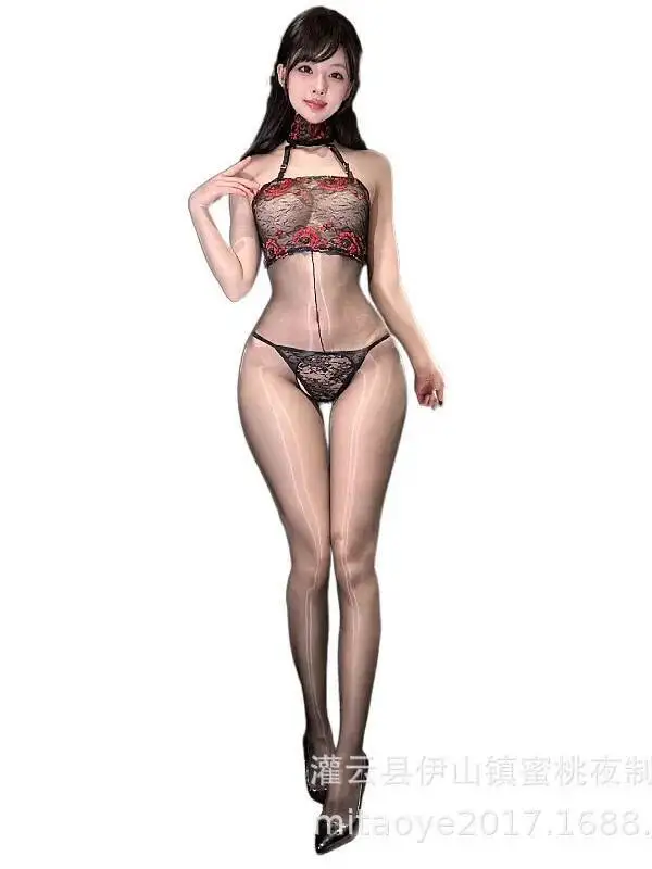 Sexy dentelle licou Aurora pure entrejambe ouvert body mince soyeux Passion fleur broderie brillance lisse body charmant 2VJC