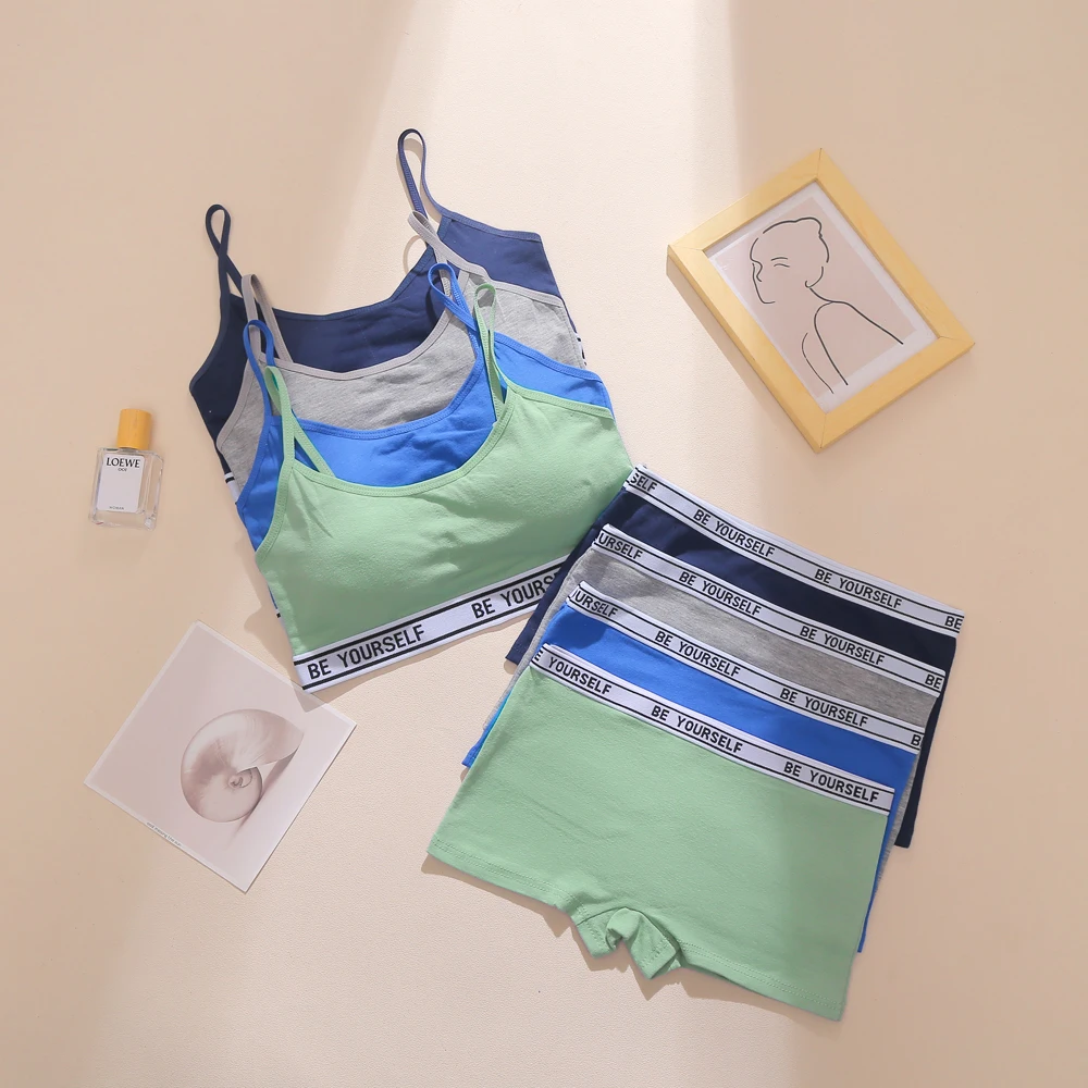 

4 Pack Girls Cotton Bra & Briefs Set Underwear Comfortable and Breathable Vest Panties Solid Color for Teens Girls 12-16 Years