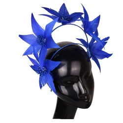 Royal Blue Women Feather Hat Wedding Headband Headwear Ladies Elegant Fascinators Nice Hair Accessories Formal Banquet Headdress