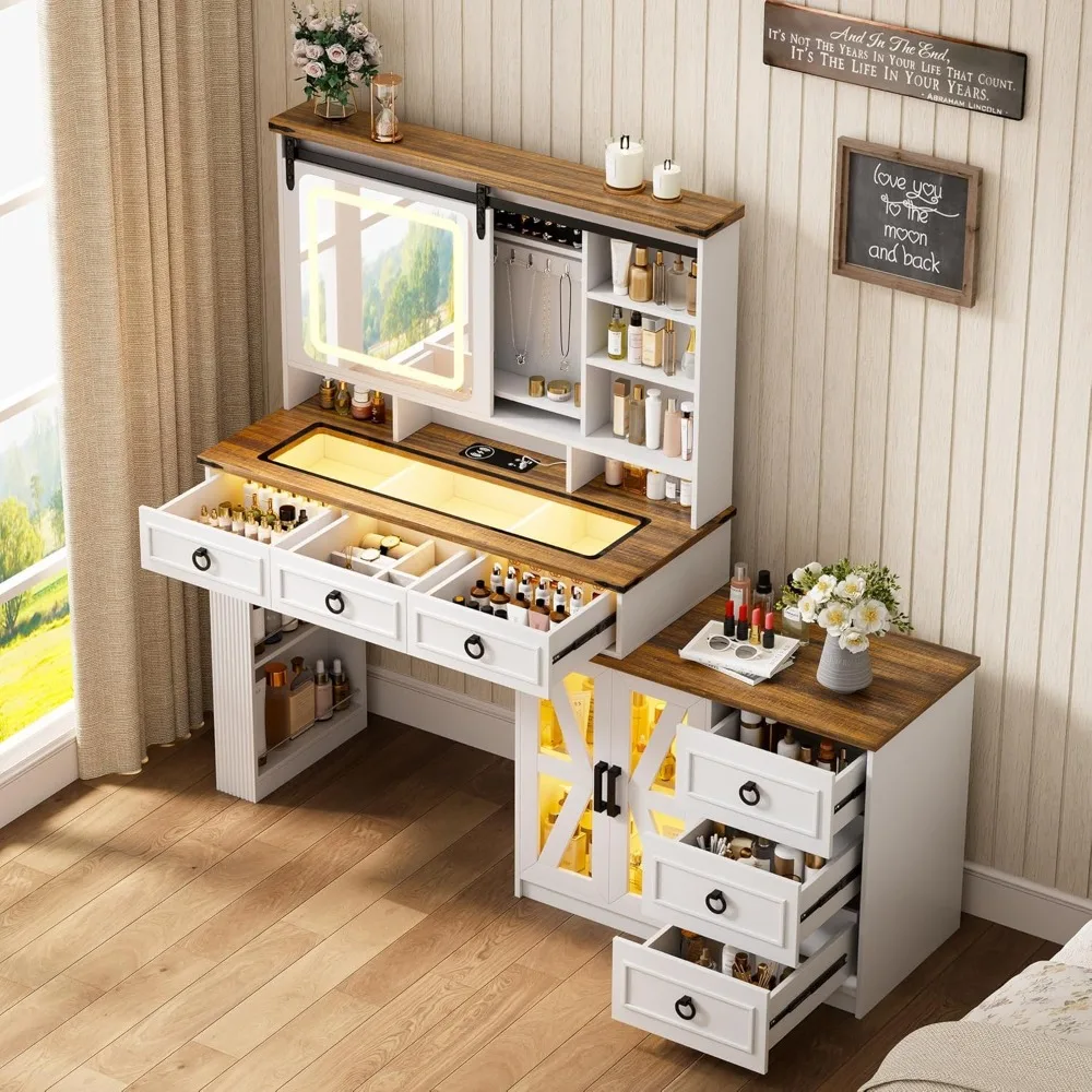 

Farmhouse Makeup Vanity Desk with Sliding Mirror and Lights,40" W Glass Tabletop Vanity Table with Charger,LED Vanity Set