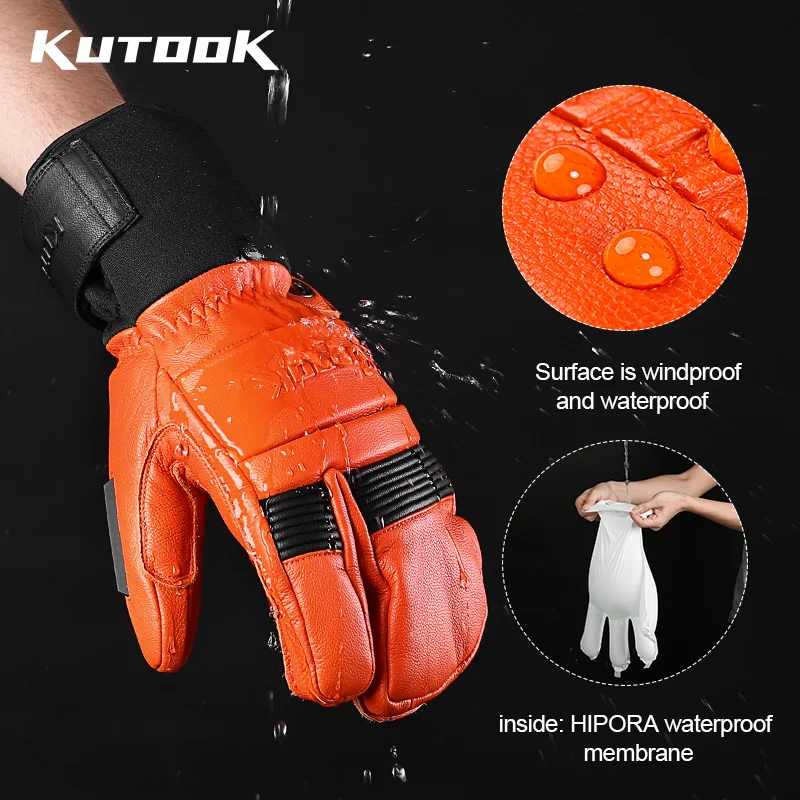 KUTOOK Goat Skin Winter Ski Gloves Mittens Thermal Skiing Snowboard Gloves for Men Leather Mountaineering Protection Accessories